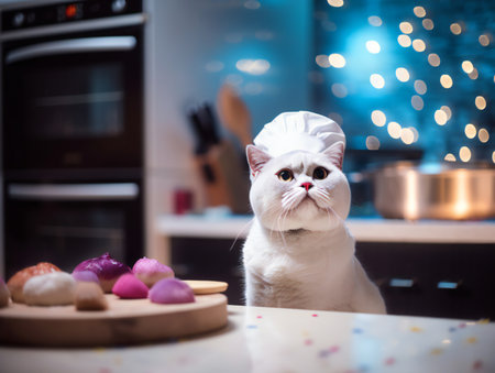 Cute cat in chef hat with sweets in the kitchen at homeの素材