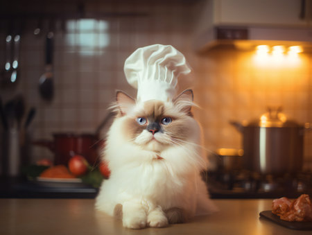 Portrait of a white ragdoll cat as chef in kitchenの素材