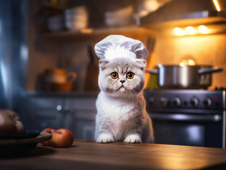 Portrait of a white scottish fold as  a chef cooking in kitchenの素材