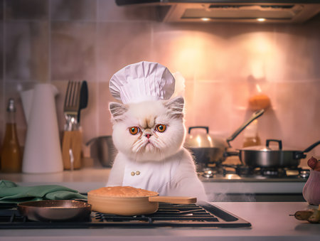 Portrait of a white exotic shorthair cat as chef in kitchenの素材
