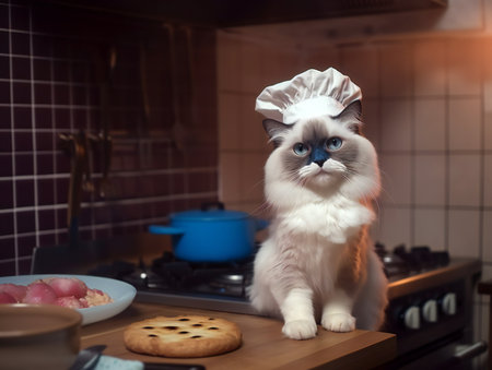 Portrait of a white ragdoll cat as chef in kitchenの素材