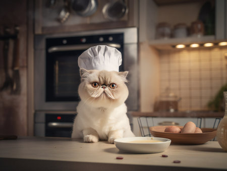 Portrait of a white exotic shorthair cat as chef in kitchenの素材
