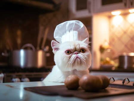 Portrait of a white exotic shorthair cat as chef in kitchenの素材