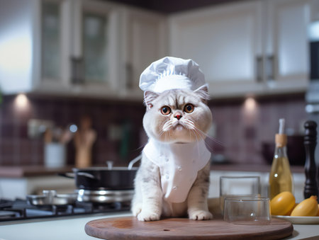 Portrait of a white scottish fold as  a chef cooking in kitchenの素材