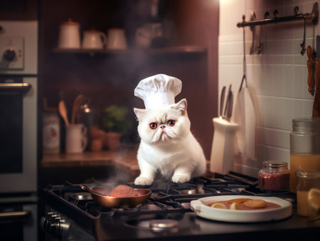 Portrait of a white exotic shorthair cat as chef in kitchenの素材