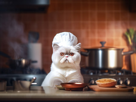 Portrait of a white exotic shorthair cat as chef in kitchenの素材