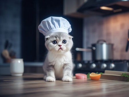Portrait of a white scottish fold as  a chef cooking in kitchenの素材