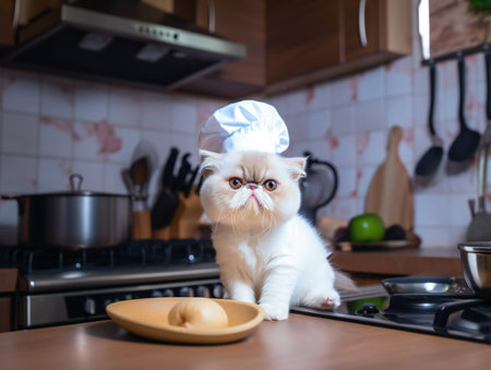 Portrait of a white exotic shorthair cat as chef in kitchenの素材