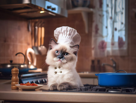 Portrait of a white ragdoll cat as chef in kitchenの素材