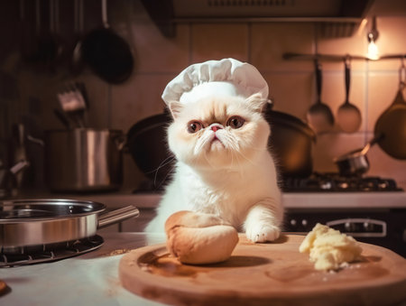 Portrait of a white exotic shorthair cat as chef in kitchenの素材