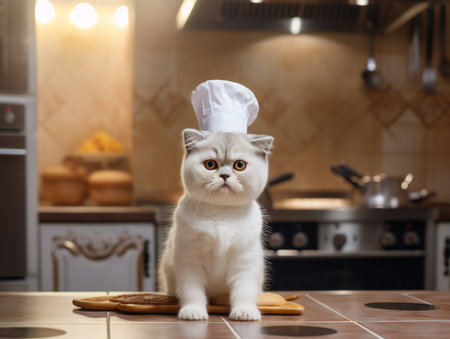 Portrait of a white scottish fold as  a chef cooking in kitchenの素材