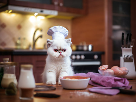 Portrait of a white exotic shorthair cat as chef in kitchenの素材