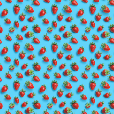 Seamless pattern with strawberries on a blue background.の写真素材