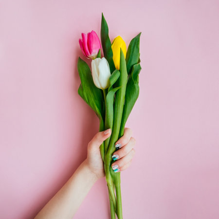Creative trendy spring manicure in Korean style. Female hand with art nail design on pink background and bouquet of pink, yellow and white tulip flowers.の写真素材