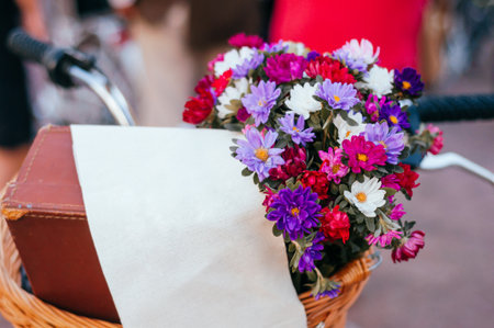 Flowers in a bicycle basketの写真素材