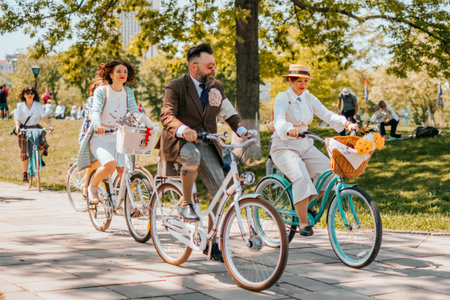 Kiev, Ukraine - May 12, 2018: Group of people in retro clothes participating in bicycle tweed run Retro cruise on May 12, 2018 in Kiev, Ukraine.のeditorial素材