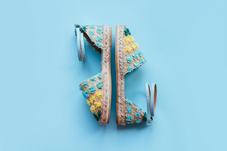 Summer fashion flatlay with gradient espadrille sandals. Perfect beach set for holidays on the sea. Marina style.の写真素材