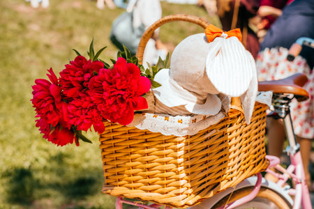 Beautiful sping red peonies flowers in a wicker bicycle basket decorated with bunny toy.の写真素材