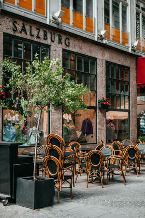 Vienna, Austria - May 8, 2018: Cityscape view on the beautiful streets of Vienna with cafes, tourists and hotels.のeditorial素材
