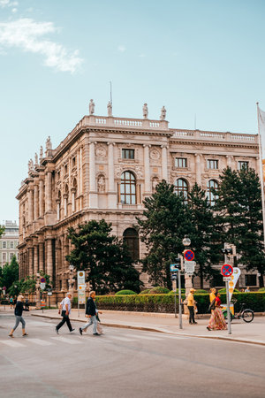 Vienna, Austria - May 8, 2018: Cityscape view on the beautiful streets of Vienna with cafes, tourists and hotels.のeditorial素材