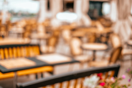 Blurred background with the cafe veranda outside.