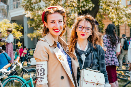 Kiev, Ukraine - May 12, 2018: Two ladies in vintage dresses participating in bicycle tweed run Retro cruise on May 12, 2018 in Kiev, Ukraine.のeditorial素材