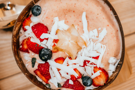 Beautiful pink strawberry smoothie bowl with coconut shavings, banana, blueberries and star fruit on the wooden table with gold spoon.の写真素材