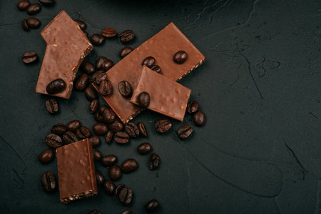 Roasted coffee beans and bars of milk chocolate on the black concrete stone background. Flatlay style.の写真素材