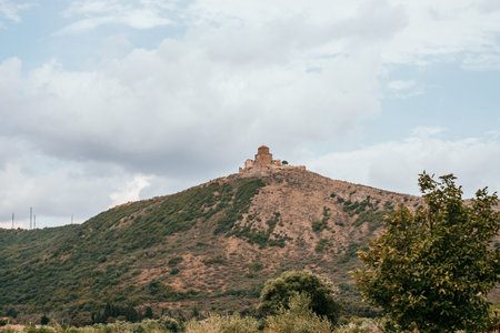 Mtskheta, Georgia - August 6, 2018: Beautiful view of Jvari Monastery in Mtskheta.