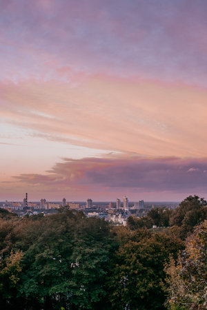 Kyiv, Ukraine - October 2, 2018: dramatic purple sunset in Kyiv