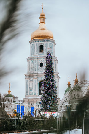 Kyiv, Ukraine - December 25, 2018: Christmas tree on the Saint Sophias Cathedral background....