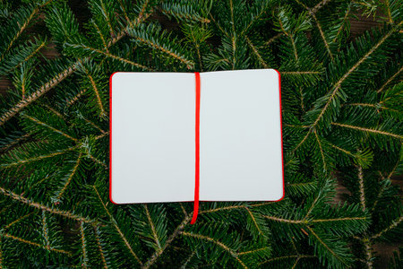 Background texture of a note pad on the fir tree branches. Christmas card template.の写真素材