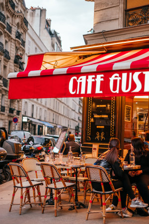 Paris, France - April 6, 2019: Charming traditional french cafe with tables on terrace, landmark in...