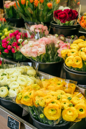 Beautiful yellow, pink, white and red ranunculus flower bouquets. Spotted on the flower market.