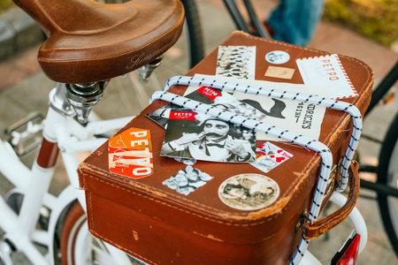 Kiev, Ukraine - May 19, 2019: Beautiful suitcase decorated with stickersのeditorial素材