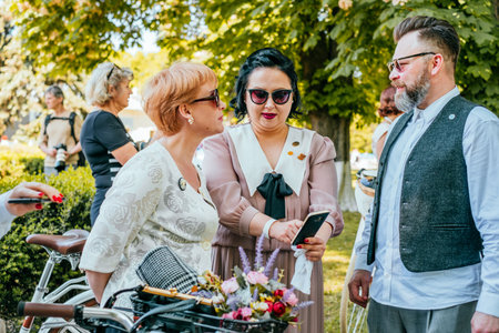Kiev, Ukraine - May 19, 2019: People in vintage clothes participating in bicycle tweed run Retro cruise in Kiev, Ukraine.のeditorial素材