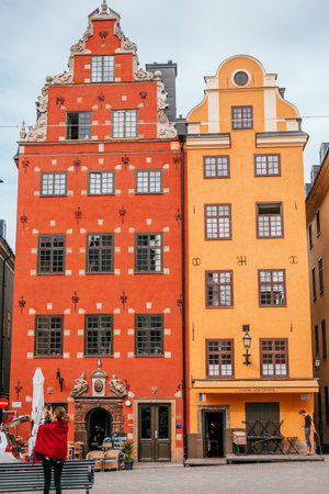 Stockholm, Sweden - June 29, 2019: Colorful facade of the houses in Stortorget square in Stockholm old town center also known as Gamla Stan.のeditorial素材