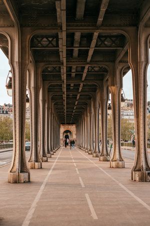 Paris, France - April 7, 2019: beautiful view on the Pont de Bir-Hakeim with the metro train.のeditorial素材