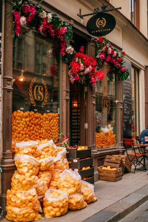 Stockholm, Sweden - June 27, 2019: Old narrow streets and yellow buildings of Stockholm.のeditorial素材