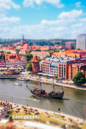 Gdansk, Poland - July 5, 2019: birds-eye view of Motlawa river and old town of Gdansk. Tilt-shift effect applied.のeditorial素材