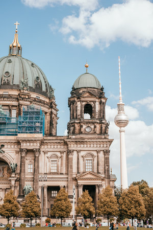 Berlin, Germany - September 5, 2019: facade of Berliner Dom with Berlin TV tower on the background.のeditorial素材