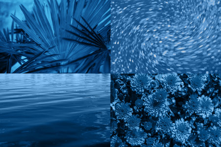 Creative collage with blue backgrounds. Color of the year concept.の写真素材