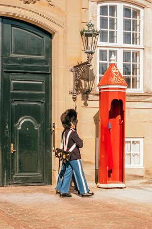 Copenhagen, Denmark - April 10, 2019: royal guard in Amalienborg Palace of Danish royal family in Copenhagen.のeditorial素材
