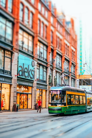 Helsinki, Finland - July 1, 2019: Beautiful streets of Helsinki with tram.Tilt-shift effect applied.のeditorial素材
