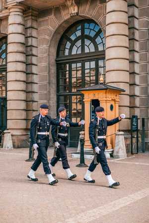 Stockholm, Sweden - June 29, 2019: the ceremony of the Change of Royal Guard at the Royal Palace Square in Stockholm.のeditorial素材