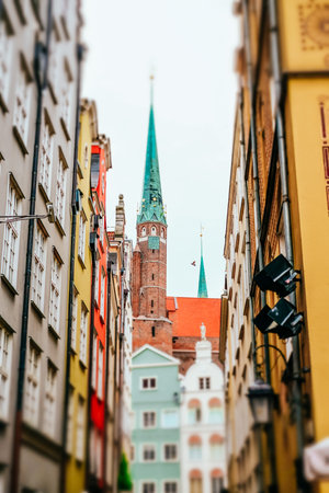 Gdansk, Poland - July 2, 2019: Beautiful streets and medieval architecture of Gdansk old town. Tilt-shift effect applied.のeditorial素材