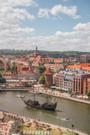 Gdansk, Poland - July 5, 2019: birds-eye view of Motlawa river and old town of Gdansk.のeditorial素材