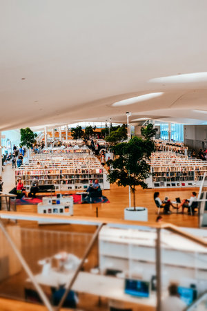 Helsinki, Finland - July 1, 2019: modern interior of The Helsinki Central Library Oodi, public library in Helsinki. Tilt-shift effect applied.のeditorial素材
