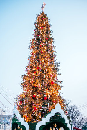 Kyiv, Ukraine - December 20, 2019: Christmas tree on the Saint Sophias Cathedral background. Christmas fairs in Kyiv with traditional street market and winter outdoor fun.のeditorial素材