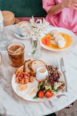 Breakfast in the big city with coffee and eggs.の写真素材